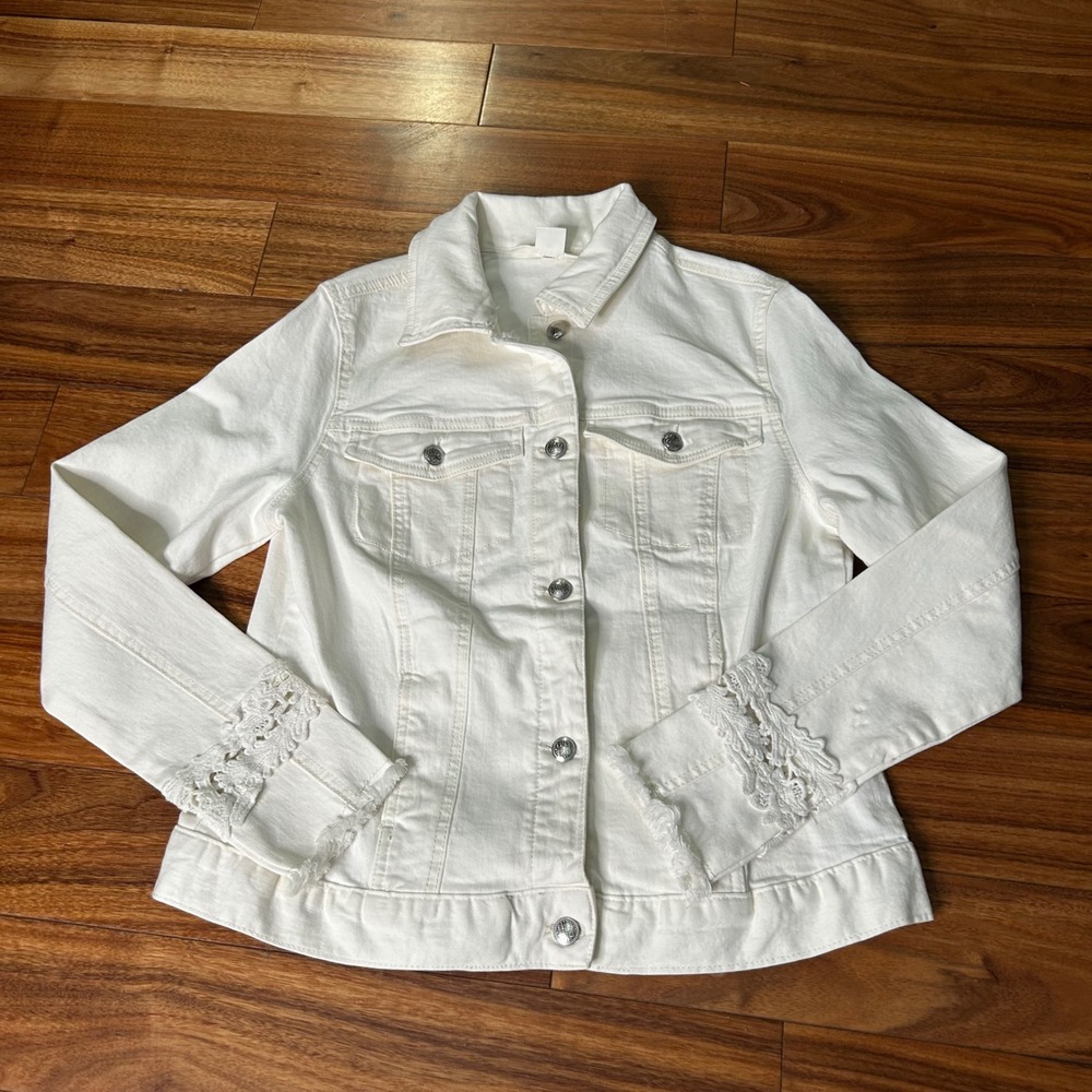 Skye's The Limit Womens White Denim Jacket Lace Crochet Cuff Frayed‎ Size Medium